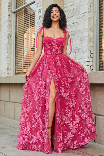 Spaghetti Straps Hot Pink A-Line Abito lungo da ballo con fessura
